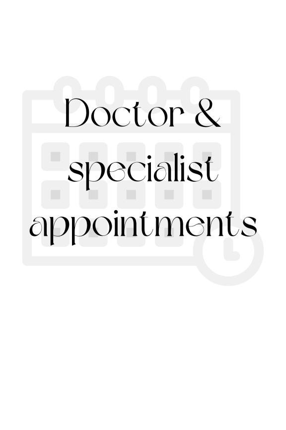 Stay organized with pages designed to track doctor and specialist appointments, including notes, questions, and follow-up plans.