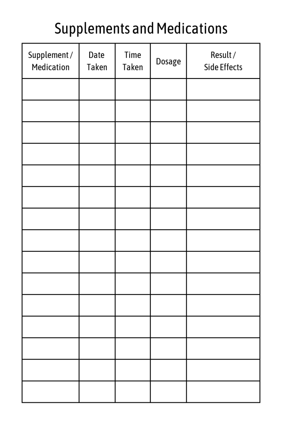 Includes dedicated pages to log supplements and medications, helping you stay consistent and monitor their effects over time.