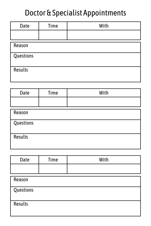 Stay organized with pages designed to track doctor and specialist appointments, including notes, questions, and follow-up plans.
